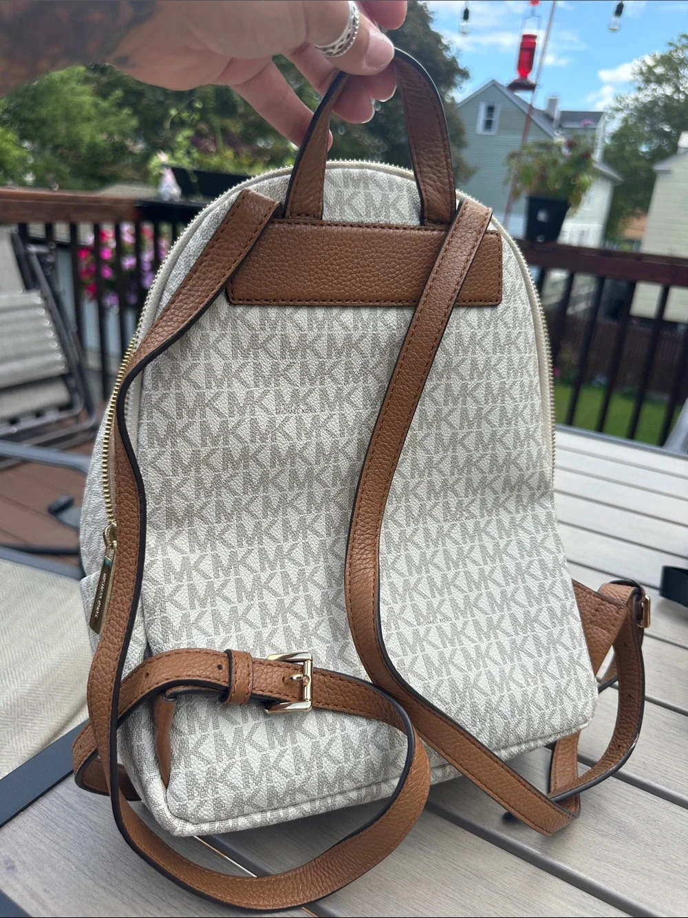Michael Kors Cream/Beige MK Logo Backpack with Brown Trim
